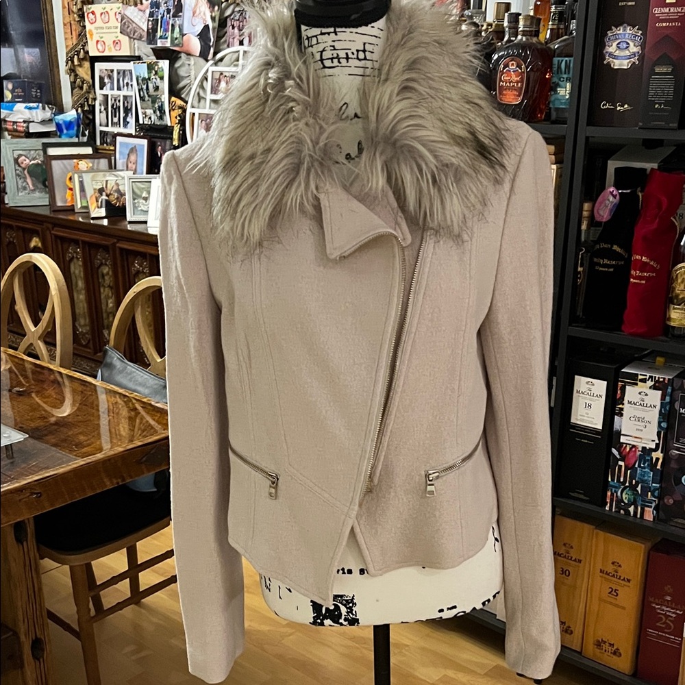 Ann Taylor Cream Pea Coat with Faux Fur Collar